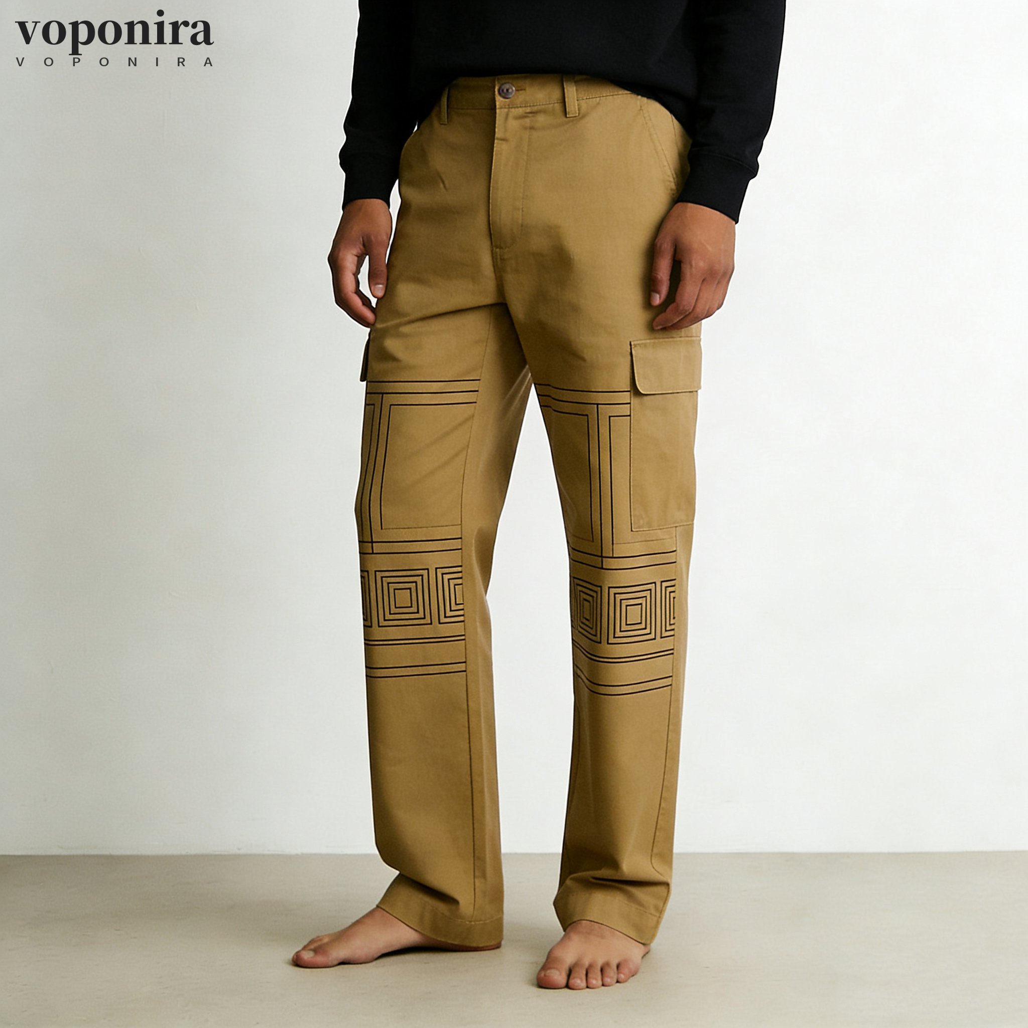 カーキ色の幾何学模様のカーゴパンツ