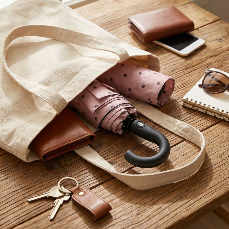 おしゃれな水玉模様の日傘を持つ女性