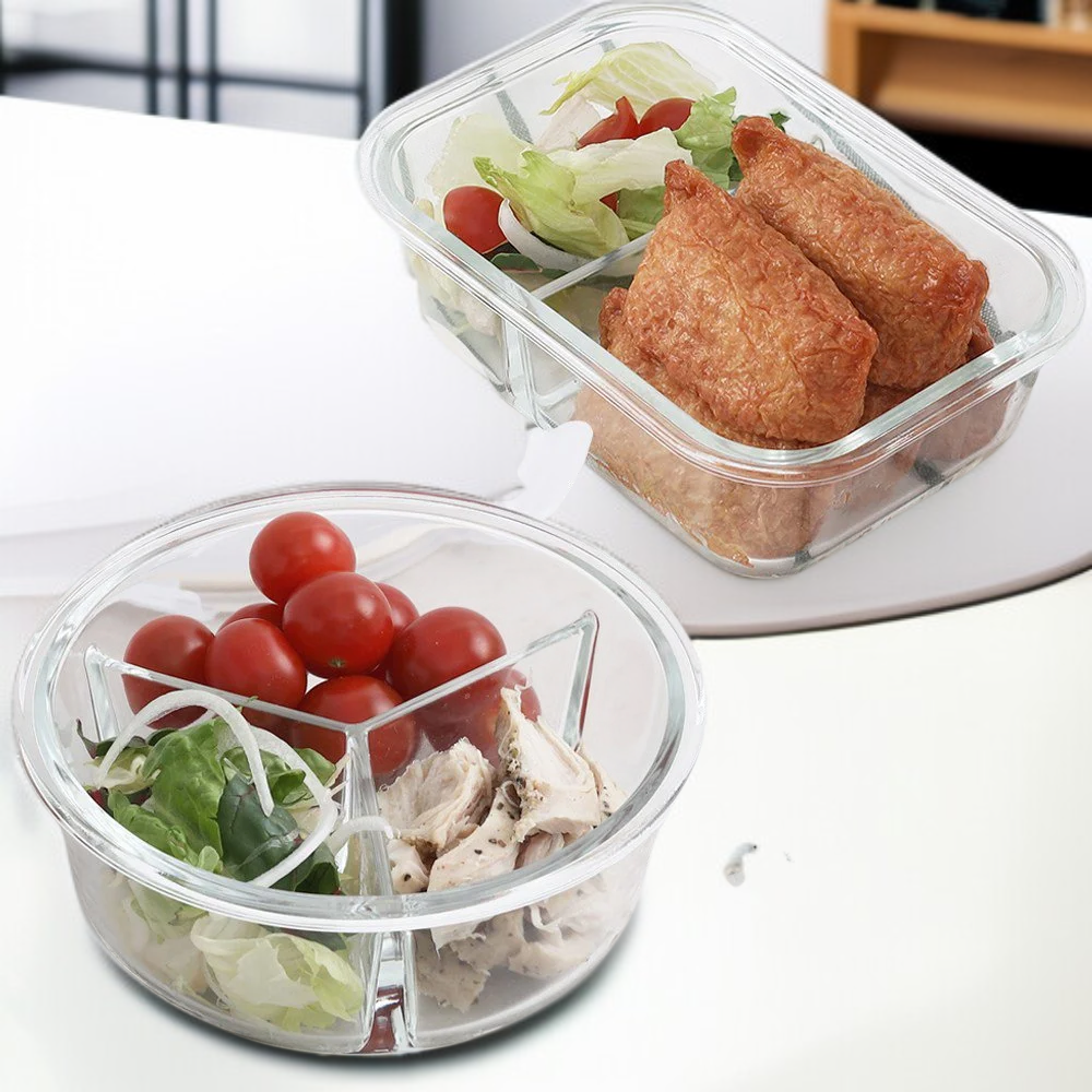 حاوية مقسمة للطعام من الزجاج المقاوم للحرارة (دائرية، 3 أقسام، 2 قطعة)