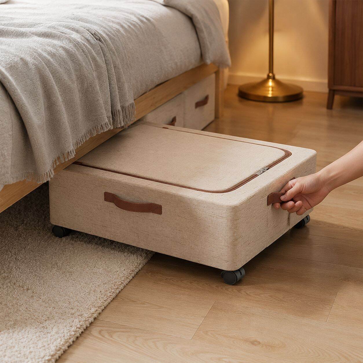 Cotton and linen under-bed storage box with wheels and lid, flat household clothing and quilt storag