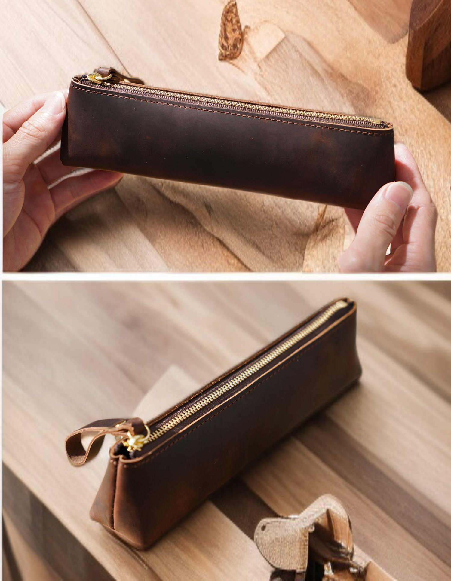 Durable crazy horse leather zipper pencil case