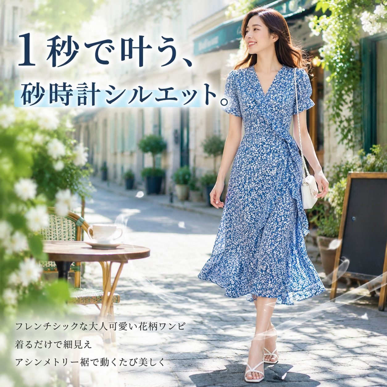 ウエスト絞りストリング 花柄ワンピース 夏 レディース