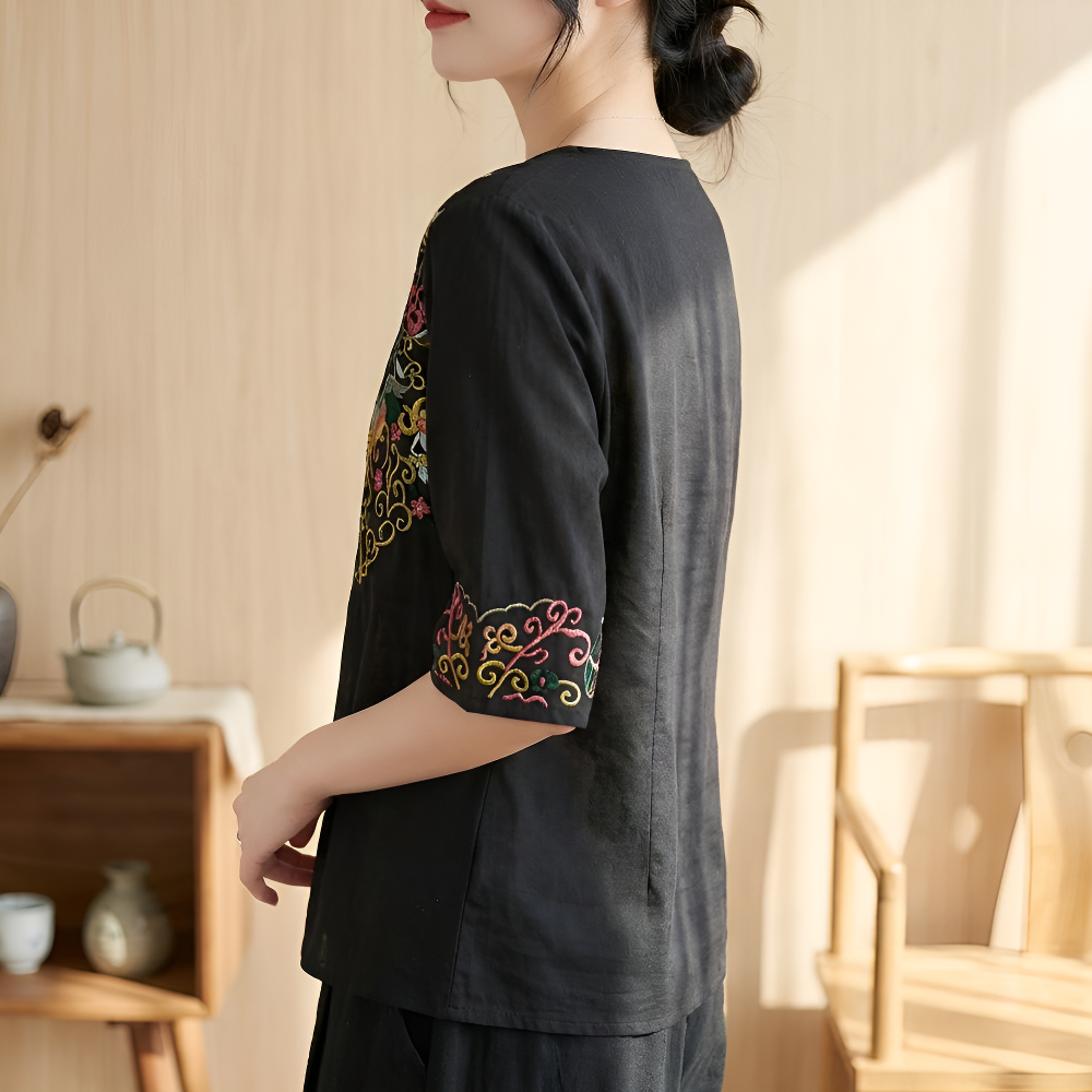 スリム効果レトロ刺繍レディース半袖シャツ