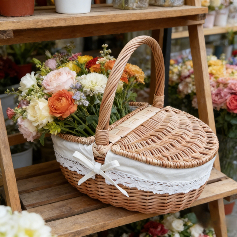 Landhaus-Rattan-Korb mit Deckel, Aufbewahrungskorb, Picknickkorb