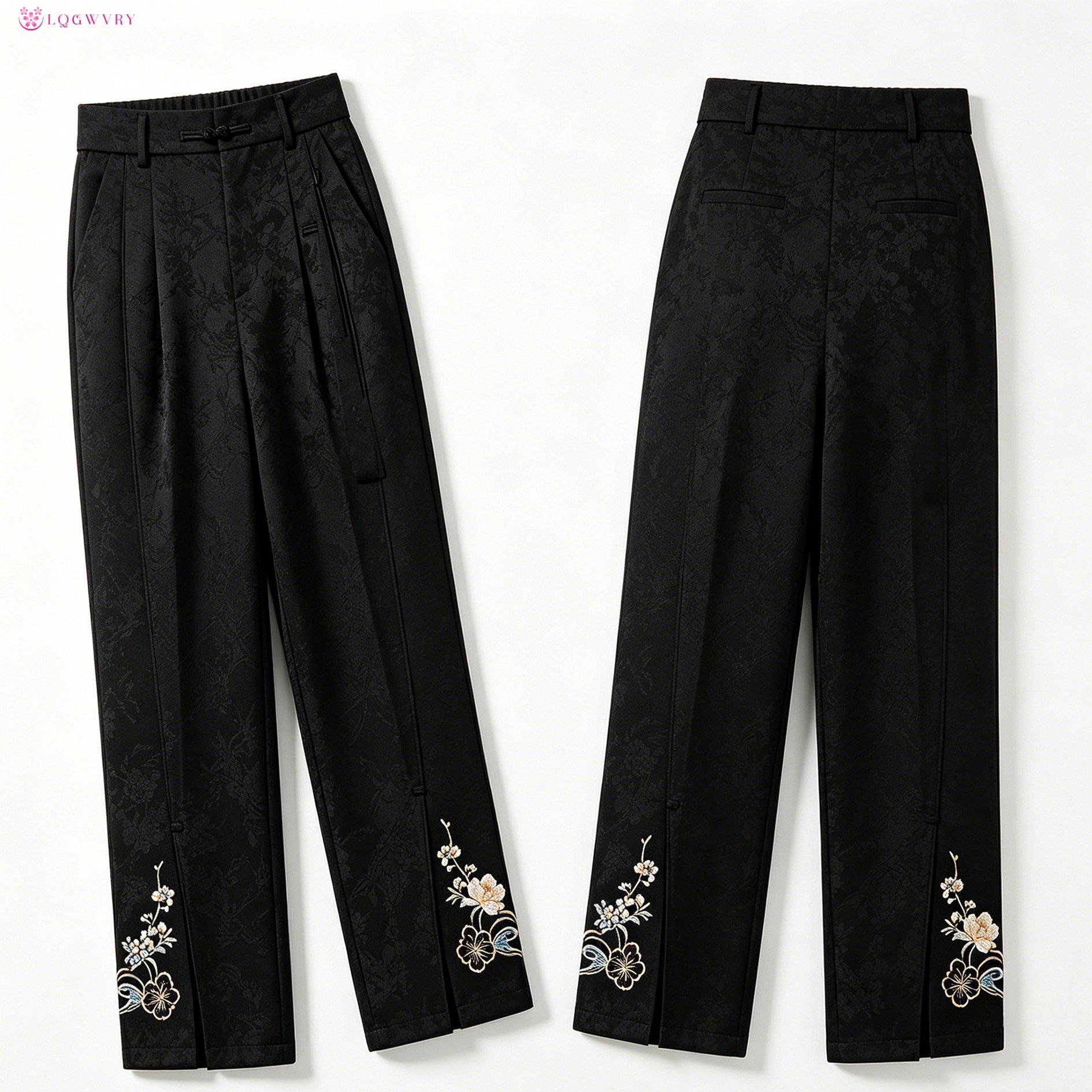 黒のジャカード織りストレートレッグパンツ