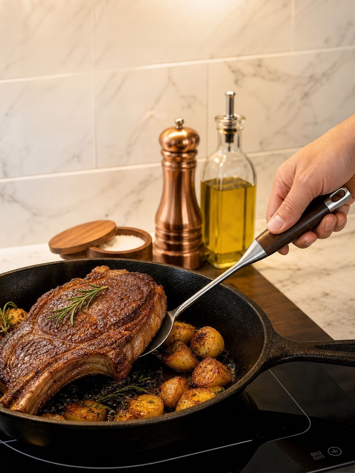 Ebony wood handle on a stainless steel kitchen spatula
