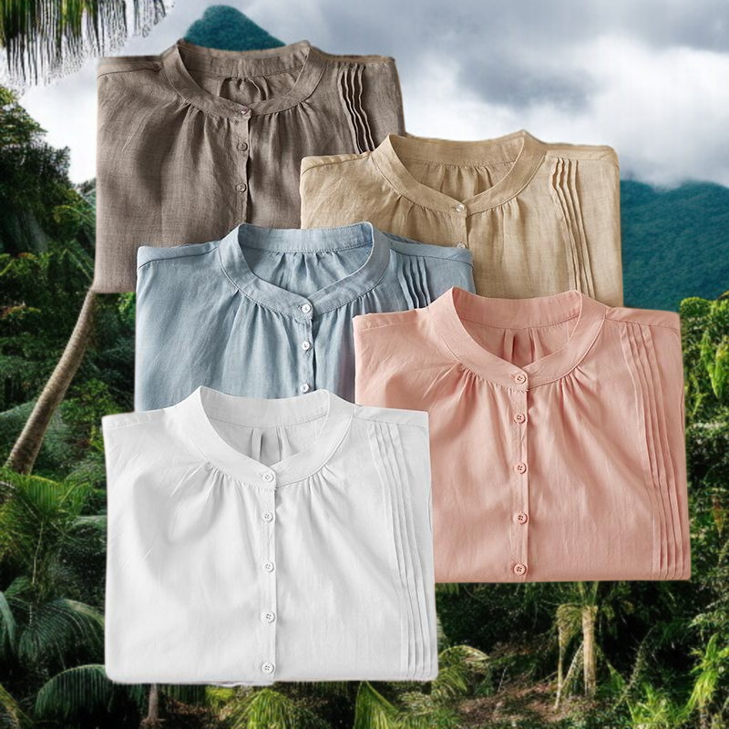 2025 여름 차이나 풍금 주름 면 마 5부 블라우스 여 여름 기질 드러나는 문예 티셔츠 블라우스 여