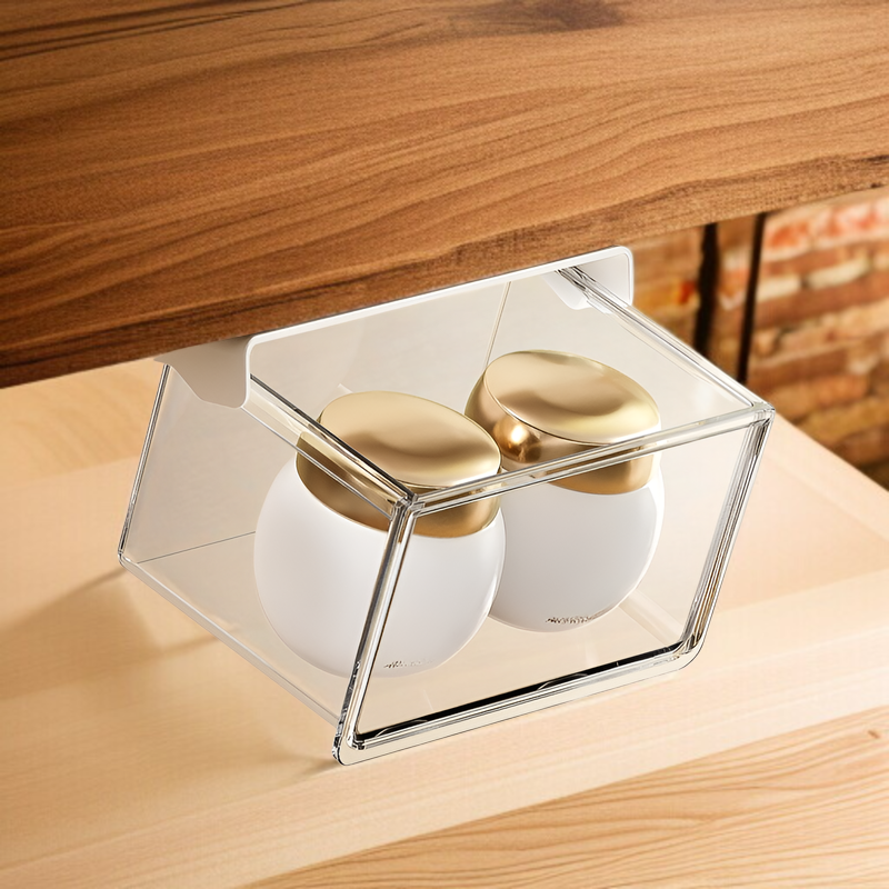 33°の傾斜角度で出し入れしやすいテーブル下収納ボックス。シンプルで透明な引き出し式で、オフィス、トイレ、洗面台、バスルームなどに最適な防水収納ボックスです。