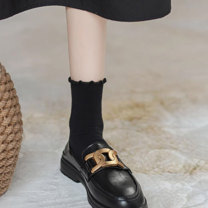 女士復古金屬扣平底樂福鞋