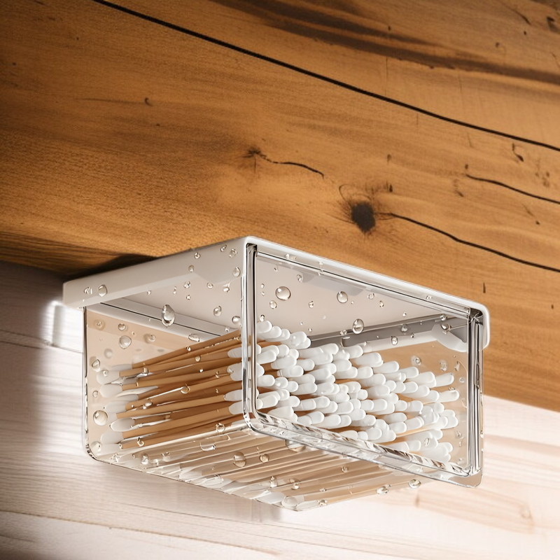 33°の傾斜角度で出し入れしやすいテーブル下収納ボックス。シンプルで透明な引き出し式で、オフィス、トイレ、洗面台、バスルームなどに最適な防水収納ボックスです。