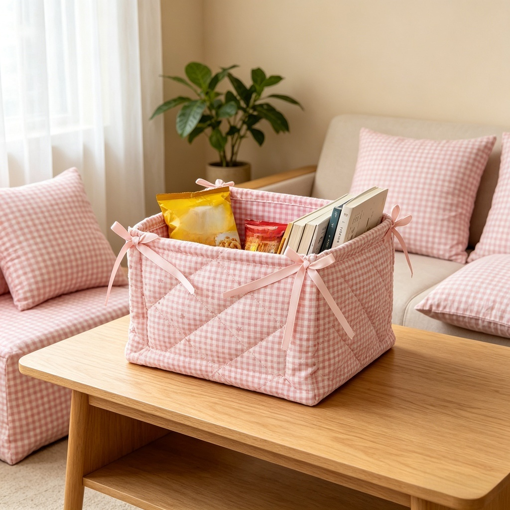 Panier de rangement en tissu à carreaux roses style coréen
