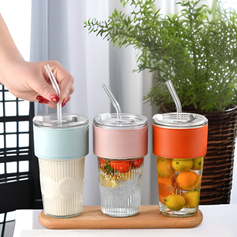 유리 빨대컵 보온 가죽 커버 밀크티 커피컵 사무실용 선물컵