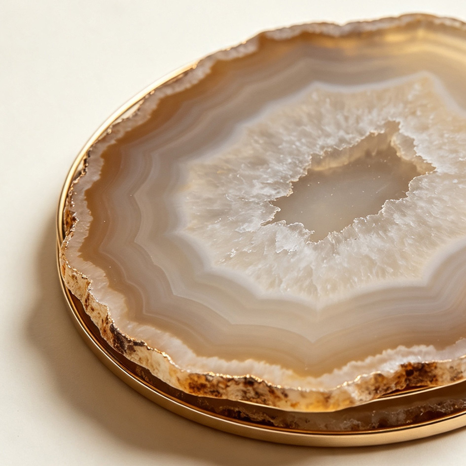 Set of Agate Gold-rimmed Coasters displayed on a wooden table