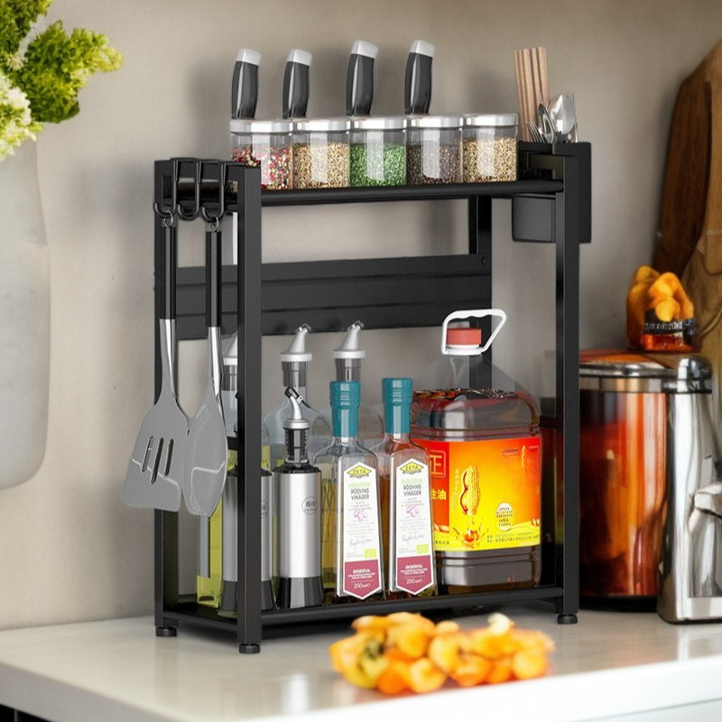  多機能キッチン収納ラック ステンレス製 調味料収納用 ブラック