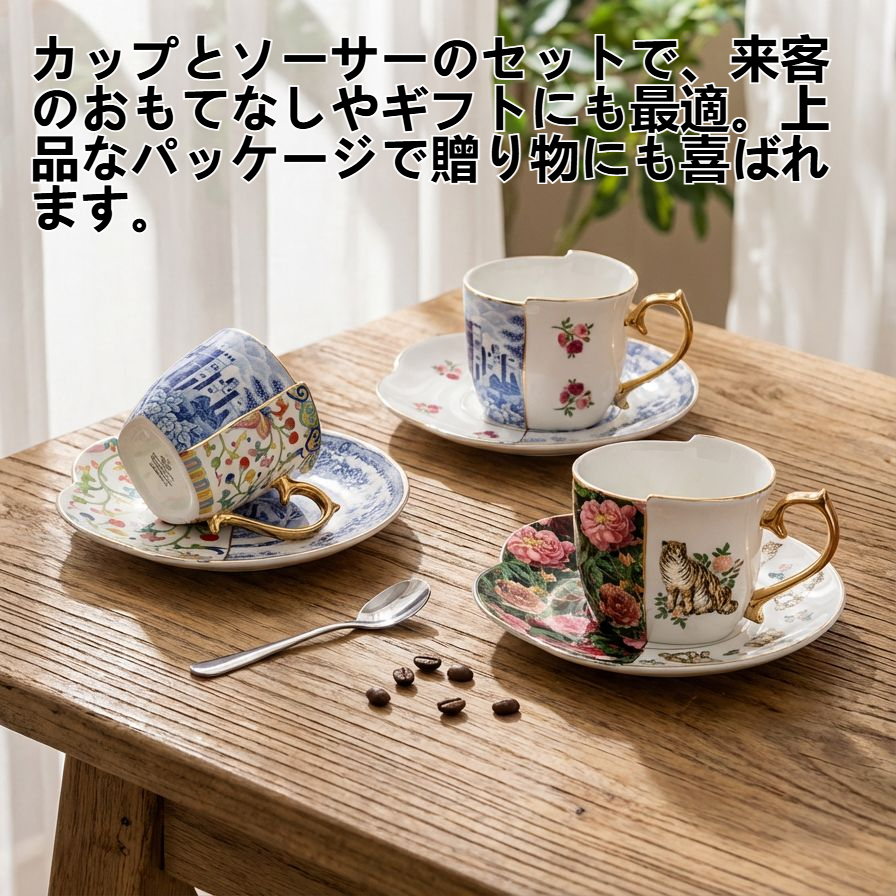 ヨーロッパ風レトロ調ティーカップとソーサーのセット全体写真