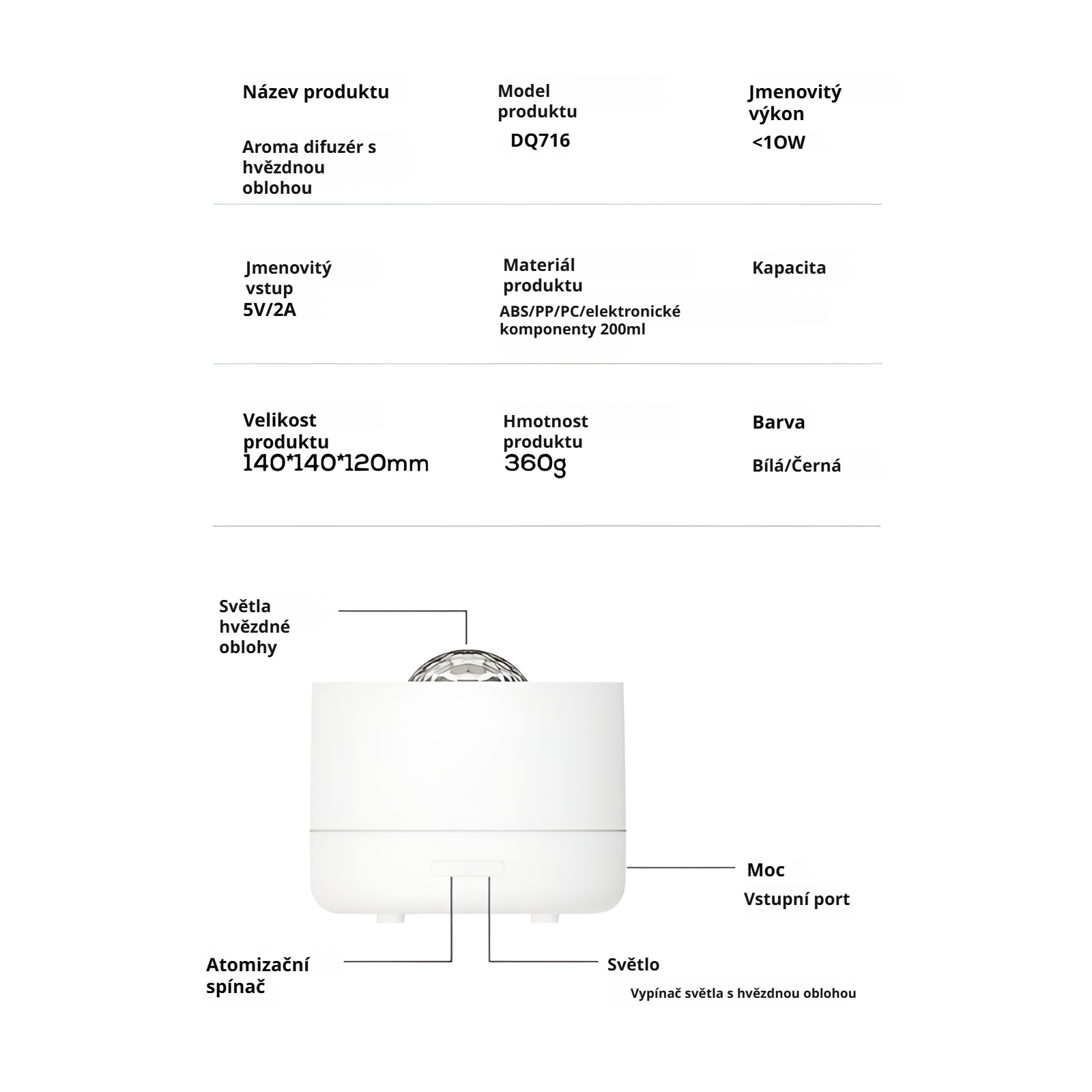 Hvězdná projekční aroma difuzér