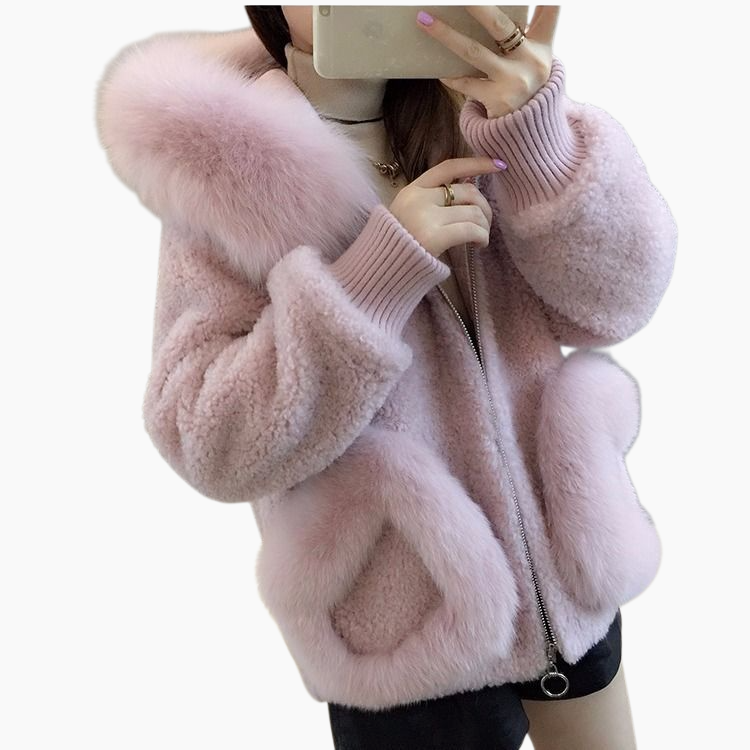 추동 모조 여우털 칼라 양털 트리밍 밍크 코트 여 추동 한국판 후드 숏 울 코트