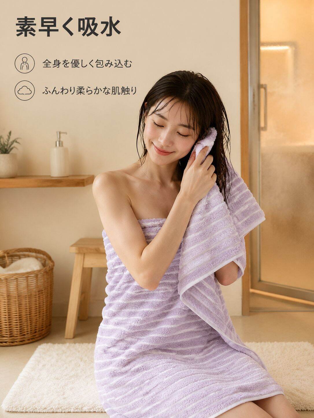 軽量コーラルフリースストライプバスタオル
