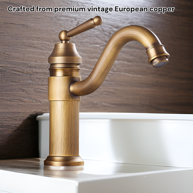 Vintage European copper bathroom basin with hot and cold faucet set