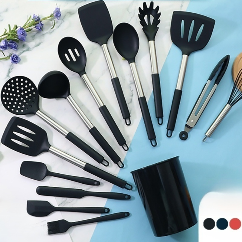 Conjunto de 15 ustensiles de cuisine en silicone, poignée inox