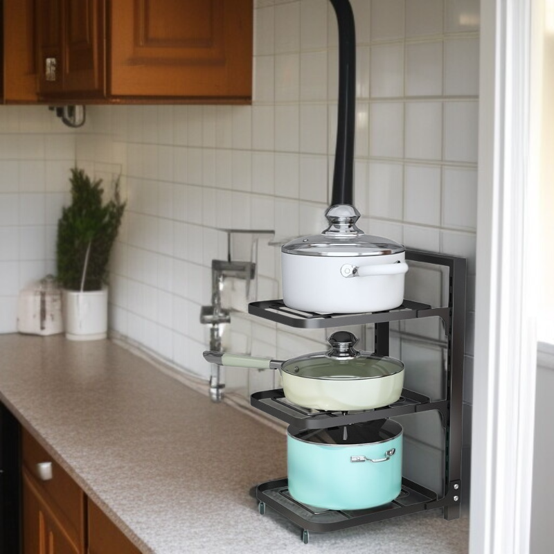 キッチン多段棚高さ調節可能収納棚 フライパンクリップオーガナイザー シンク下コーナー折りたたみキッチンポットラック