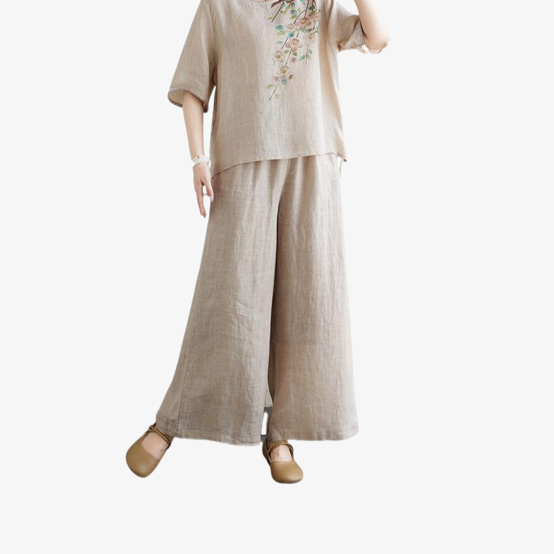빈티지 프린트 라운드 세트 여 여름 풀오버 린넨 셔츠 얇은 와이드 팬츠 슬림해 보이는 면마 투피스