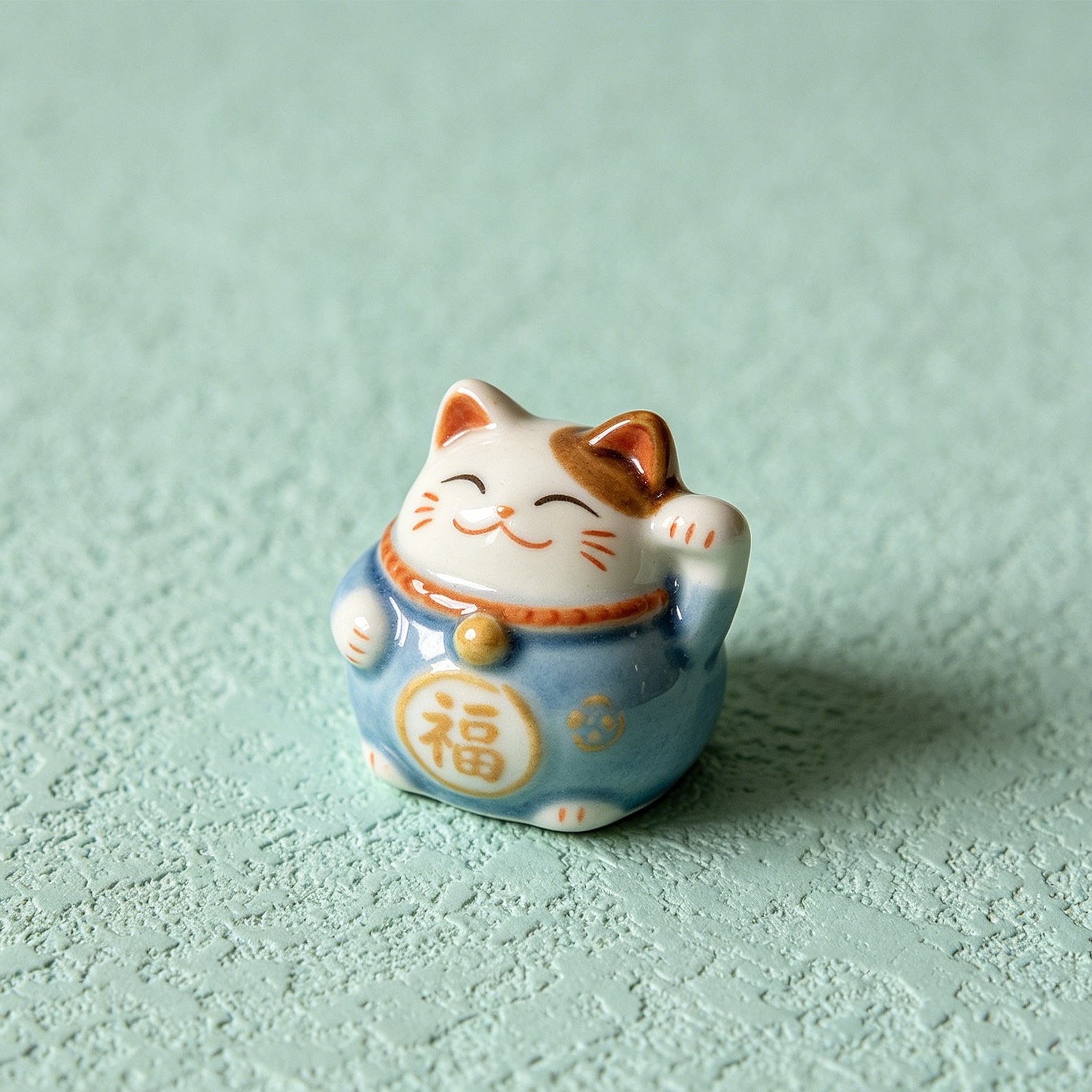 Close-up of a single ceramic Maneki Neko lucky cat figurine