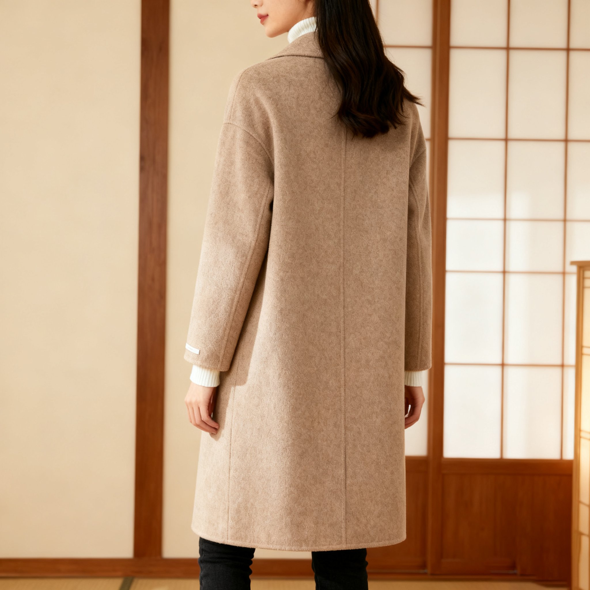 女性用ロングオーバーコートのフロントデザイン詳細