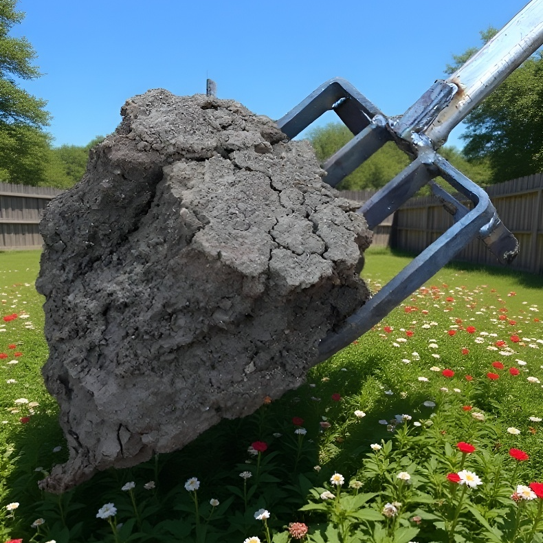 四叉シャベルで土を掘る農作業の様子