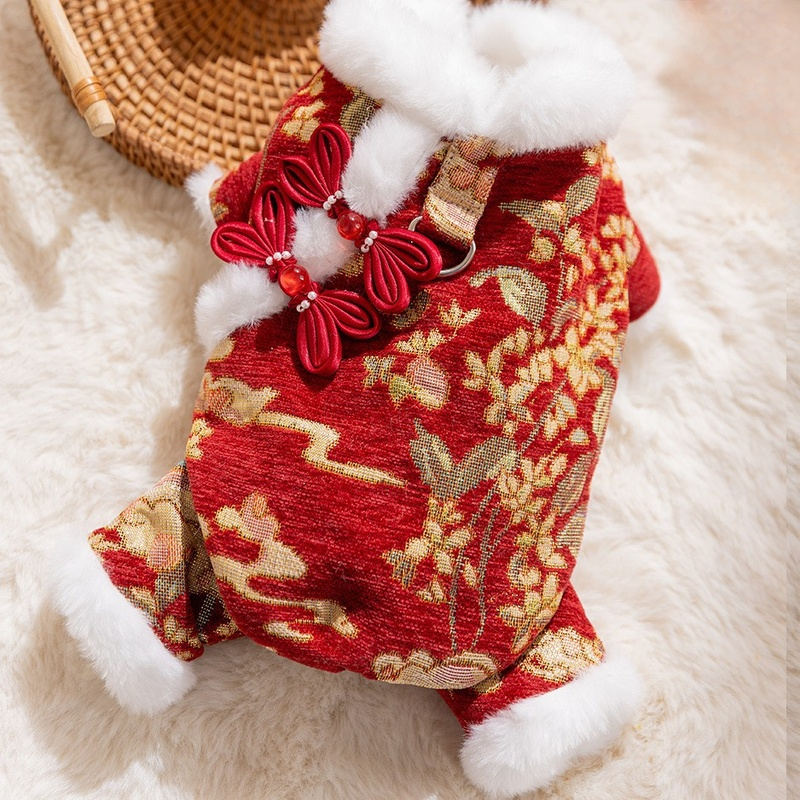 ชุดตรุษจีนสำหรับสุนัขและแมวตัวเล็ก เสื้อกันหนาวผ้าฝ้ายหนา