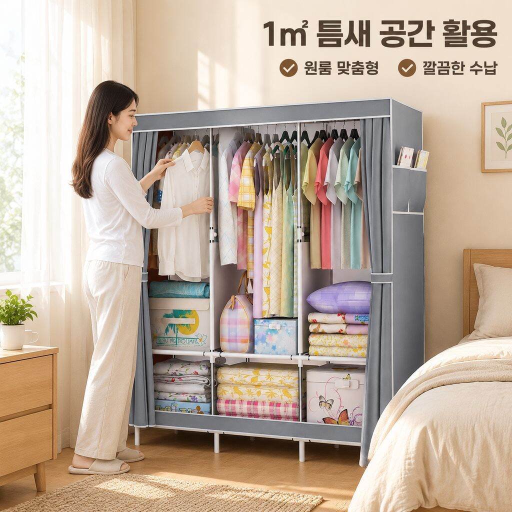 강화 스틸 프레임의 심플한 패브릭 수납 옷장