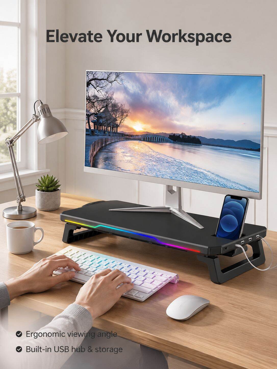 Foldable LED Monitor Riser Stand with USB Data Transfer