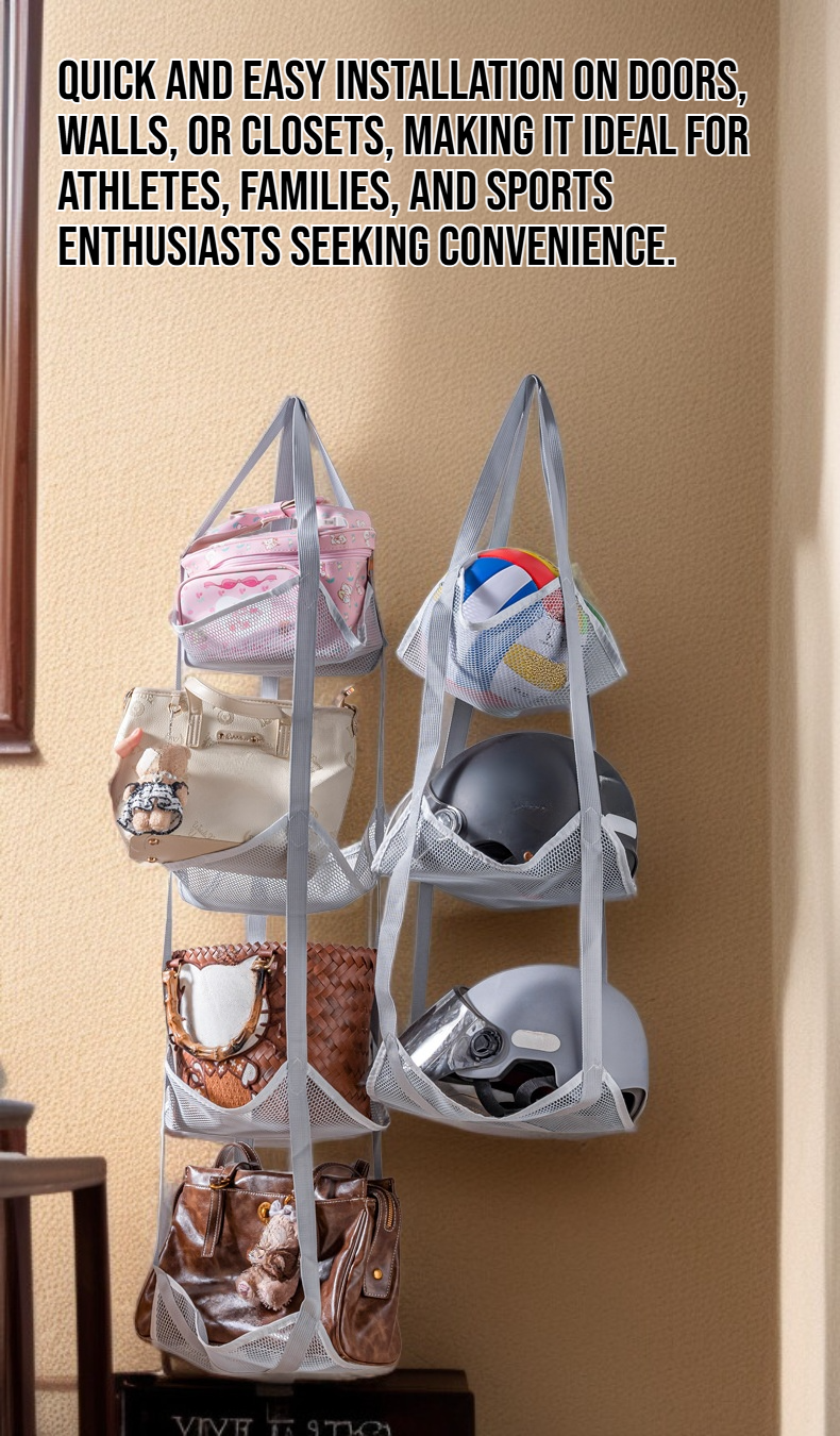 Multi layer storage hanging bag organizing basketballs and soccer balls