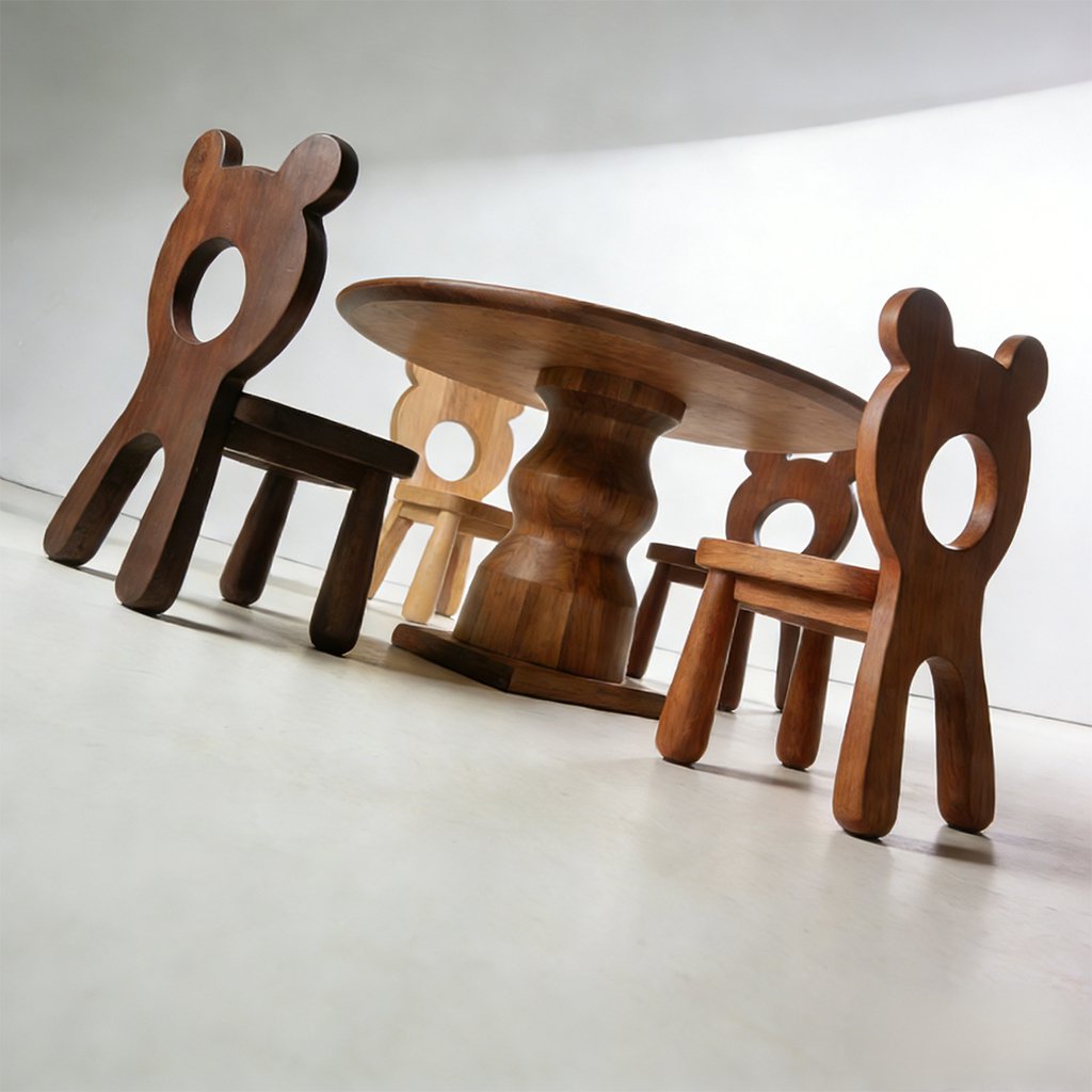 Close-up of solid wood table surface and chair details