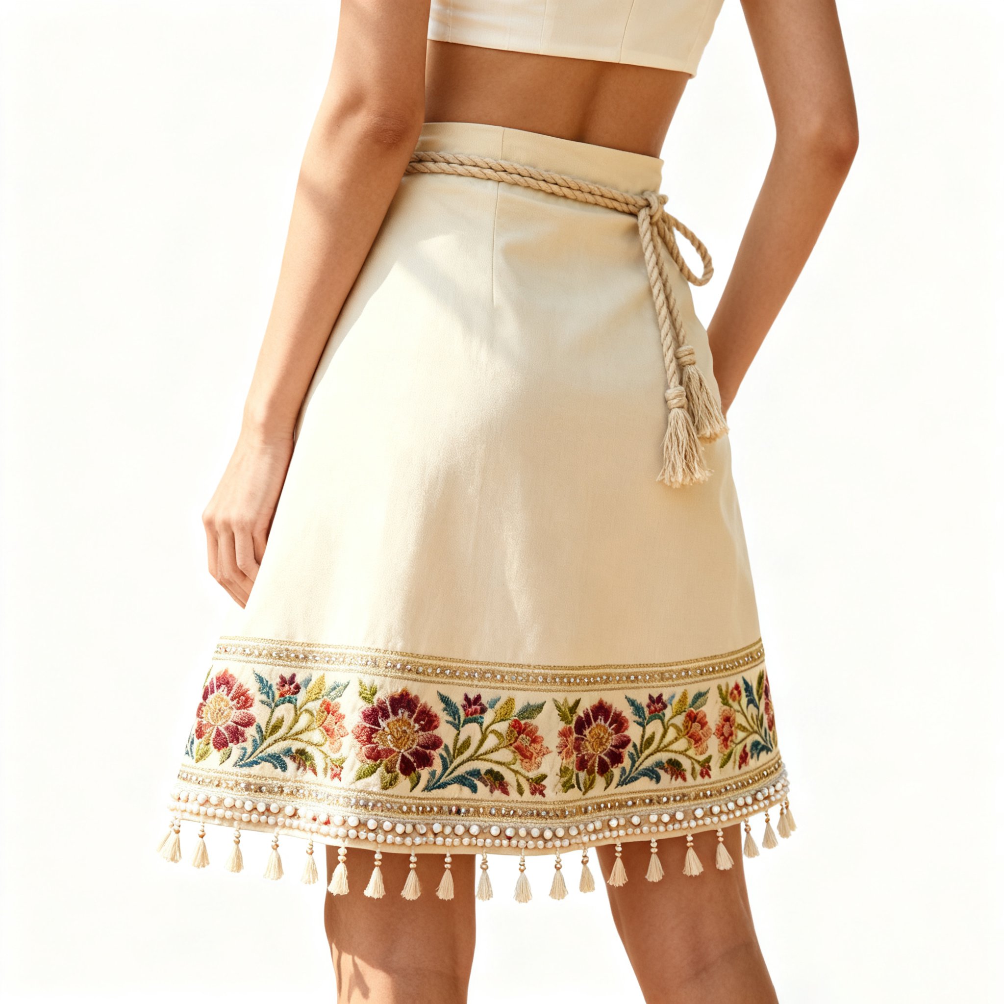 กระโปรงครึ่งตัวปักลายละเอียดและประดับพู่แฟชั่น