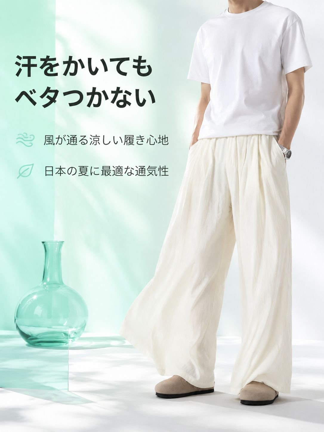 ナチュラルカラーの綿麻パンツ