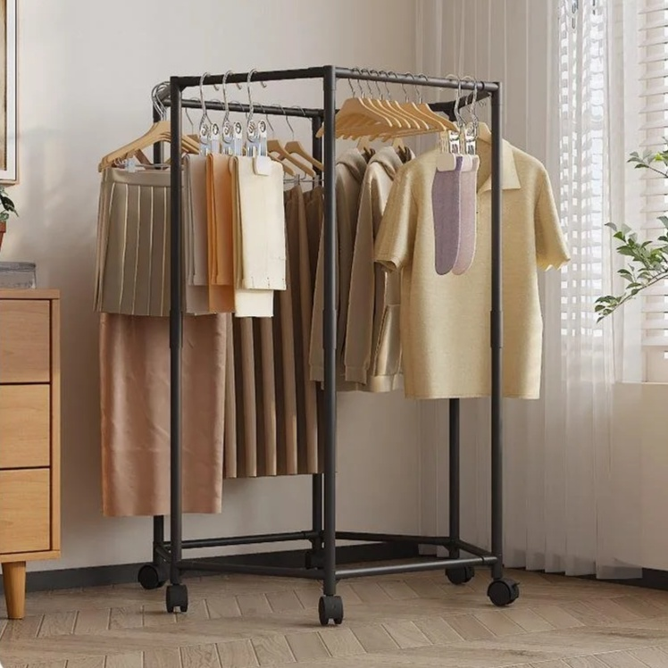 Hexagonal Rotating Floor Clothes Rack, Movable Dormitory Indoor Coat Hanger