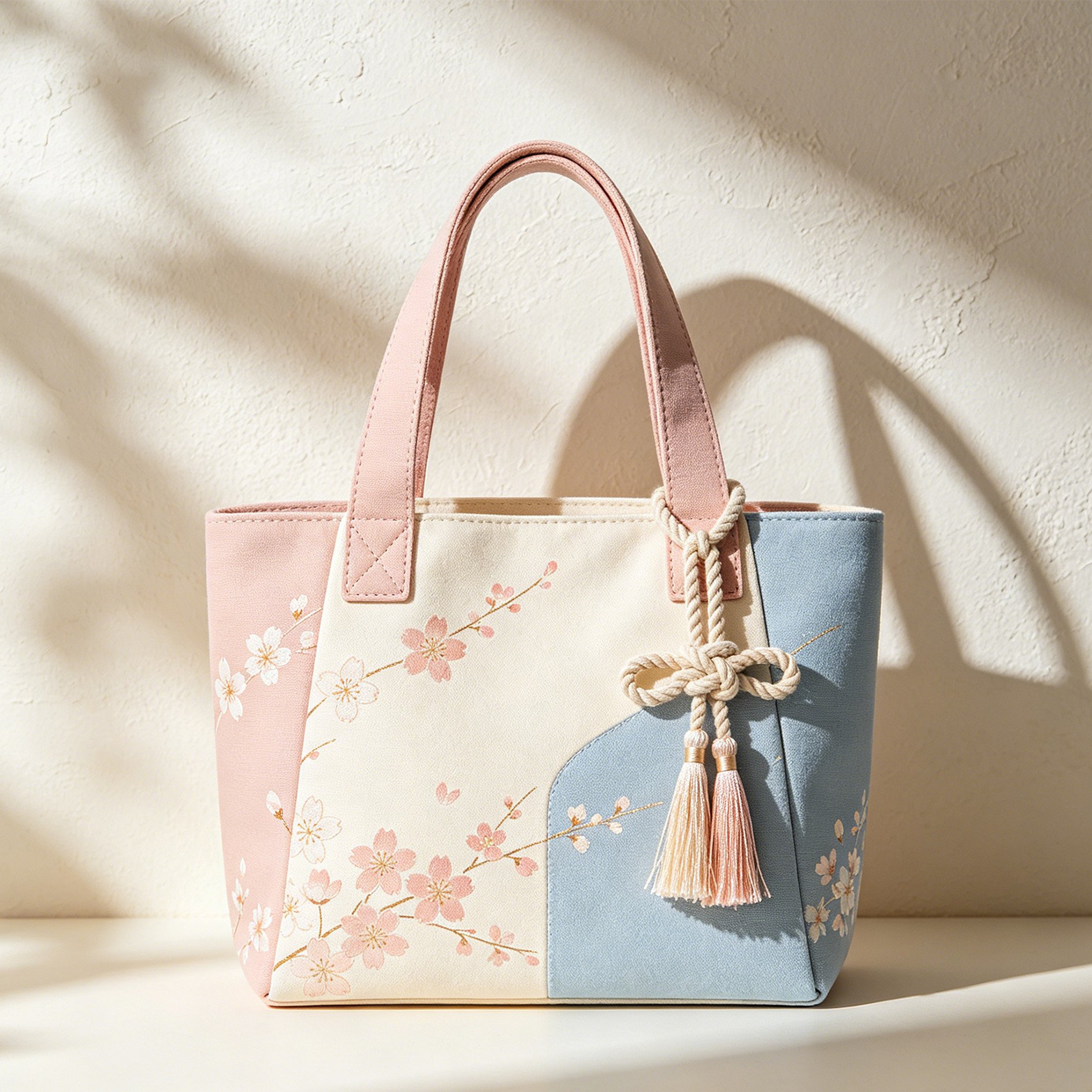 桜の刺繍入り 3トーン切り替えキャンバストートバッグ（フェミニン・スタイル）