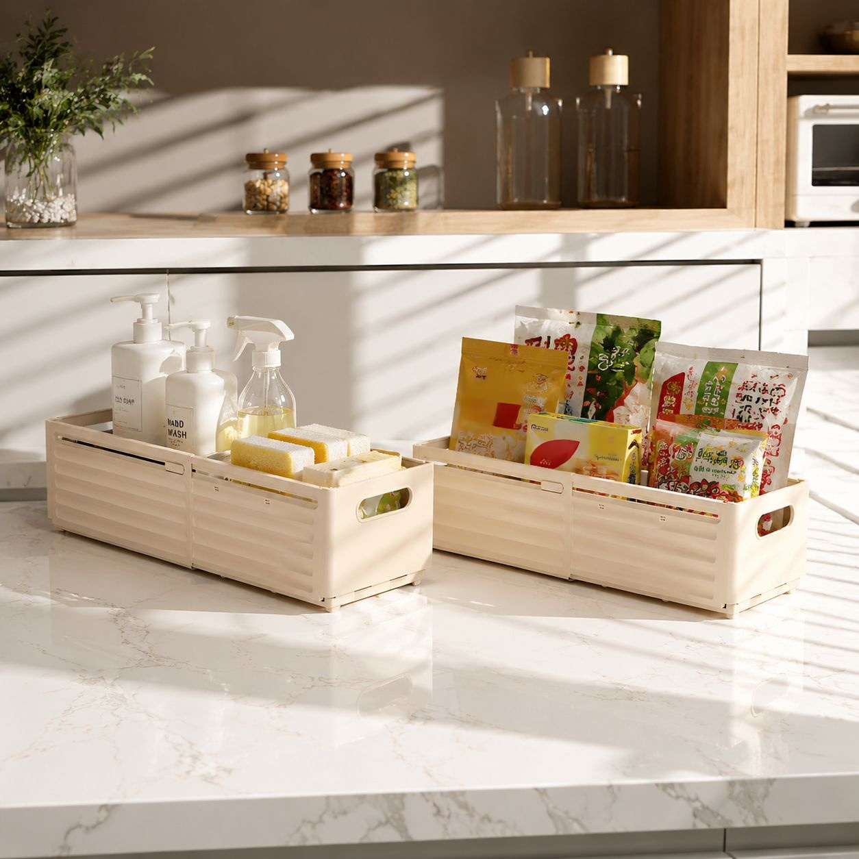 Cabinet storage box, drawer-style extendable desktop snack and sundry kitchen organizer, deep cabine