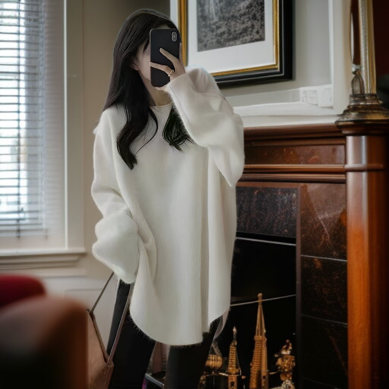 ニット セーター レディース 冬 長袖 ラウンドネック モヘア プラッシュ 暖かい セーター レディース 2024 秋冬 ソリッドカラー 多用途 ソフト ワックス状 高品質 アウター ニット ボトム 