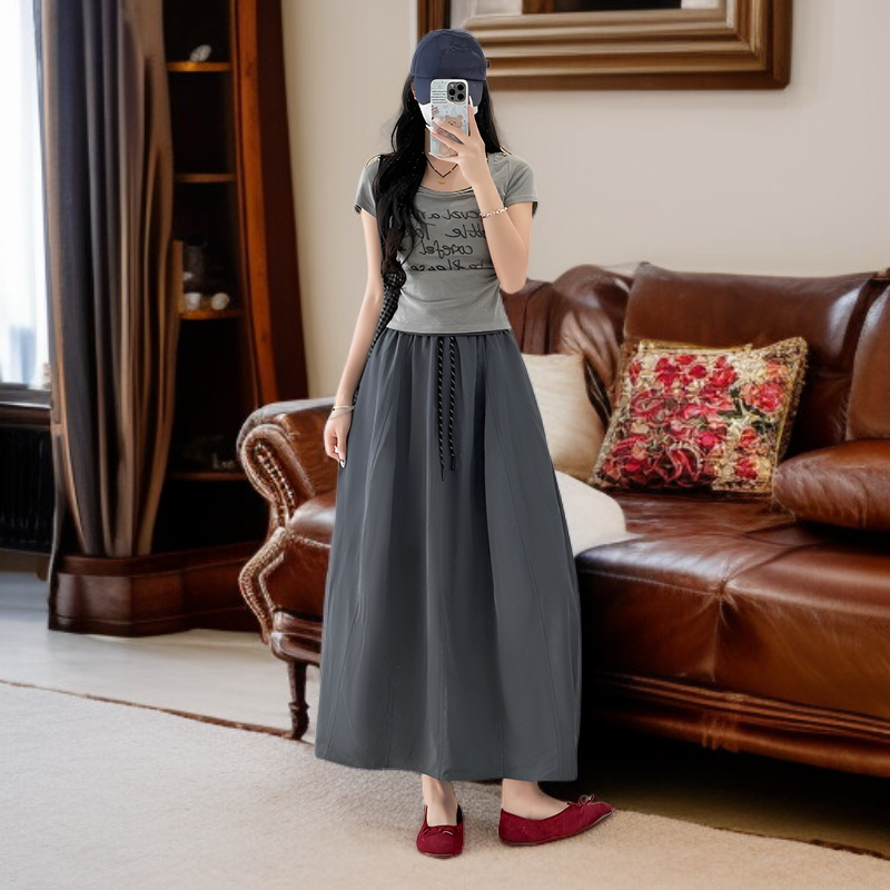 夏用アイスシルクロングフレアスカート 低身長/高身長対応 ゆったりAライン 体型カバー ドローストリング＆ポケット付き