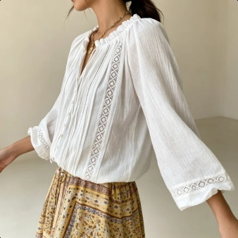 Europäischer Stil weiße Bluse mit Lochmuster und Puffärmeln lässiges Oberteil