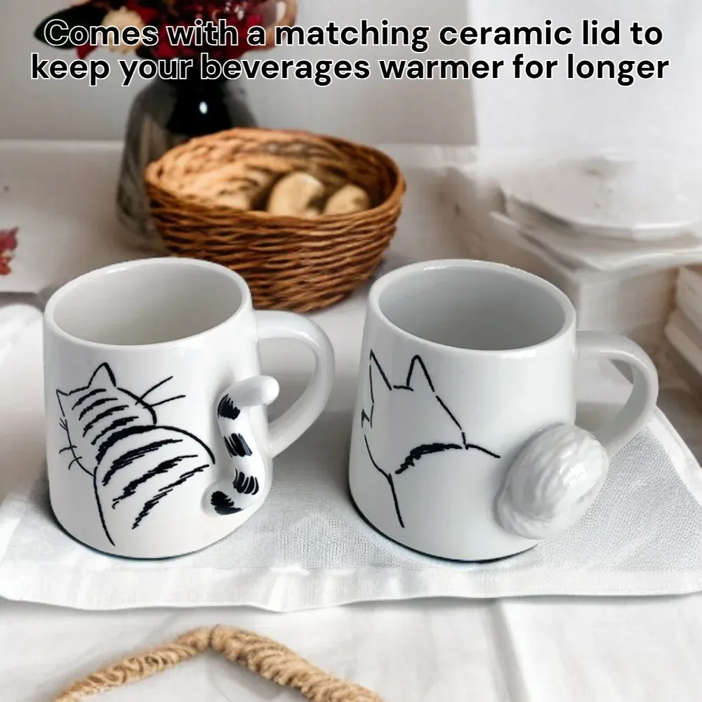 Handmade Ceramic Cat Character Coffee Mug with Lid
