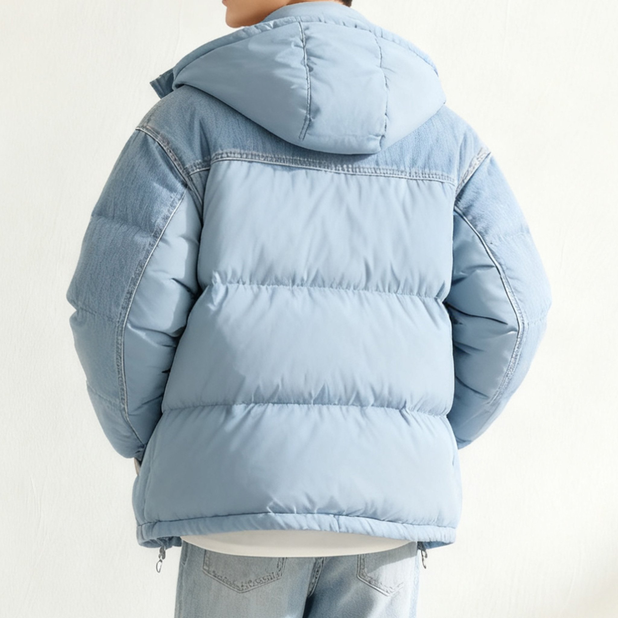 세련된 디자인의 블루 숏 다운 코트 착용샷