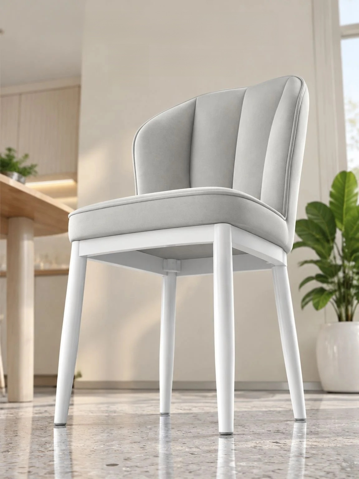 Front view of a modern cream dining chair