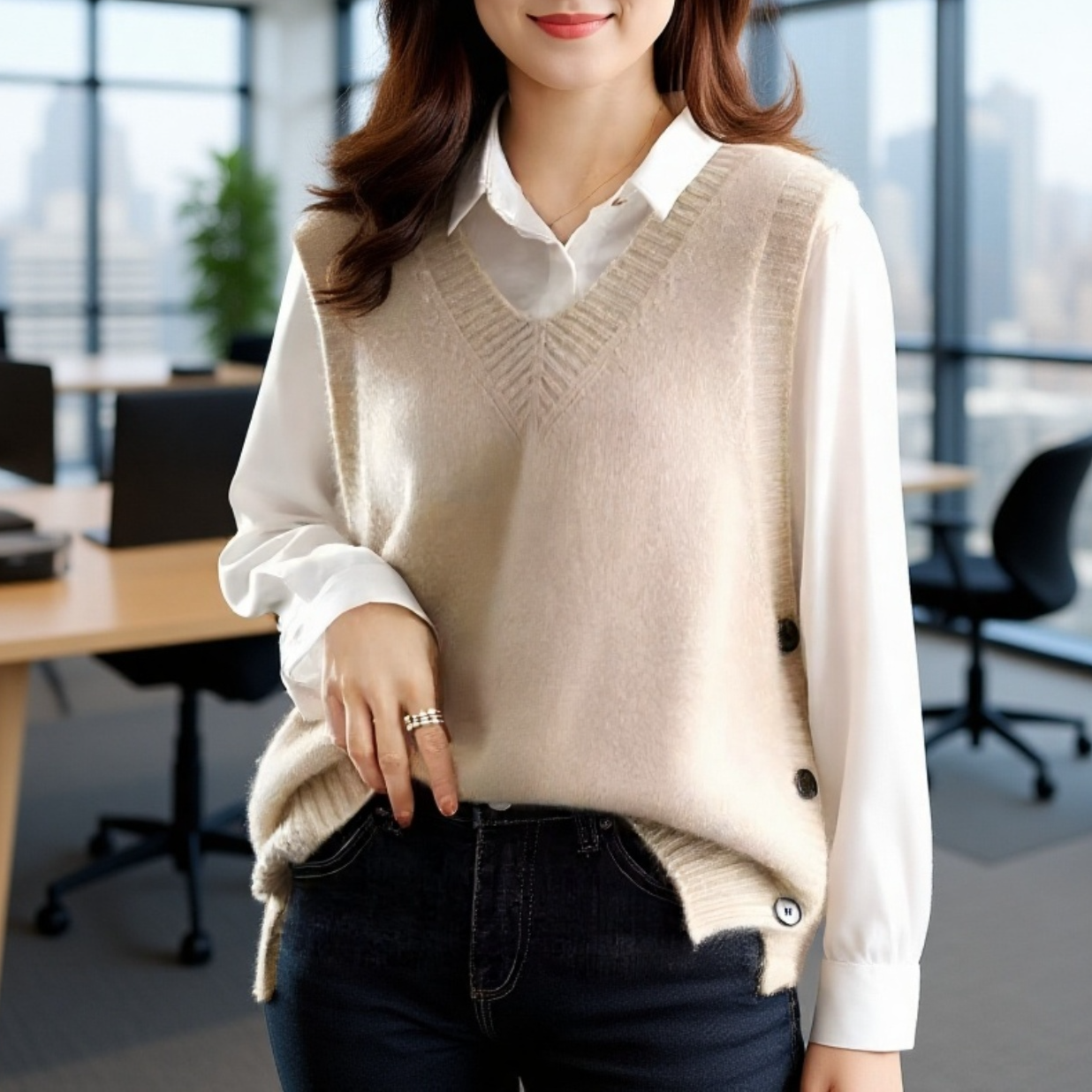 おしゃれレイヤードVネックノースリーブセーター ベスト レディース