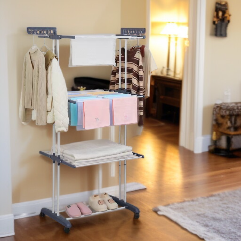 屋内折りたたみ床可動三層多機能タオルラックコートラック 折りたたみ式フロアスタンド