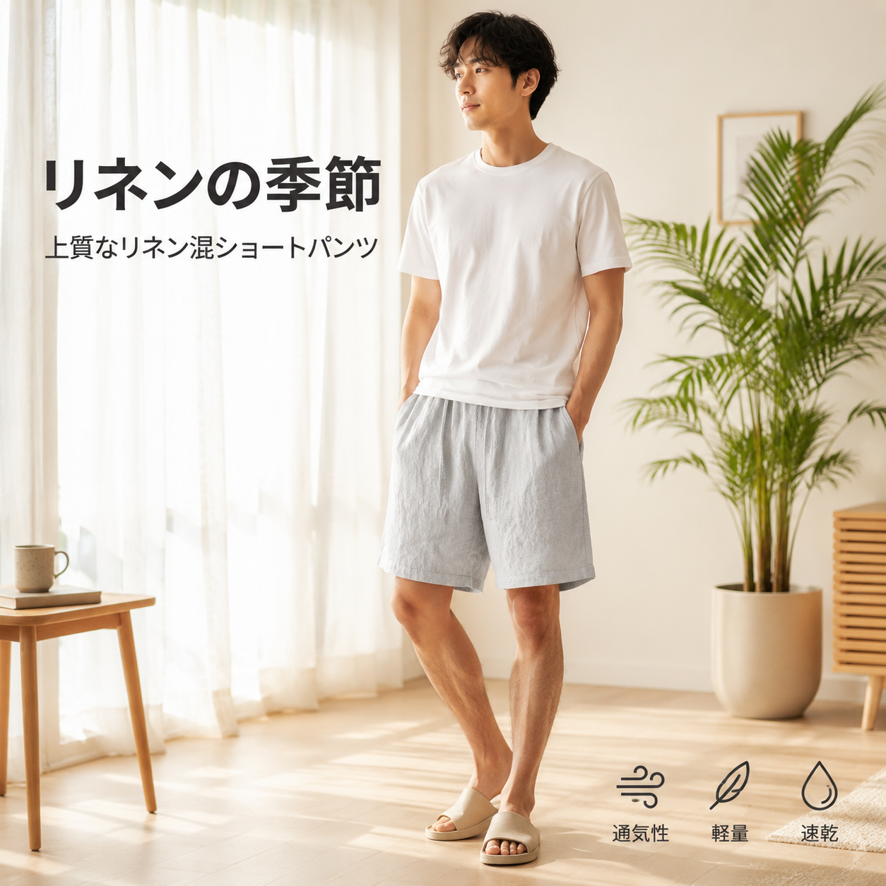 【冷感テンセルリネン】メンズ五分丈パンツ 軽量ゆったりショートパンツ