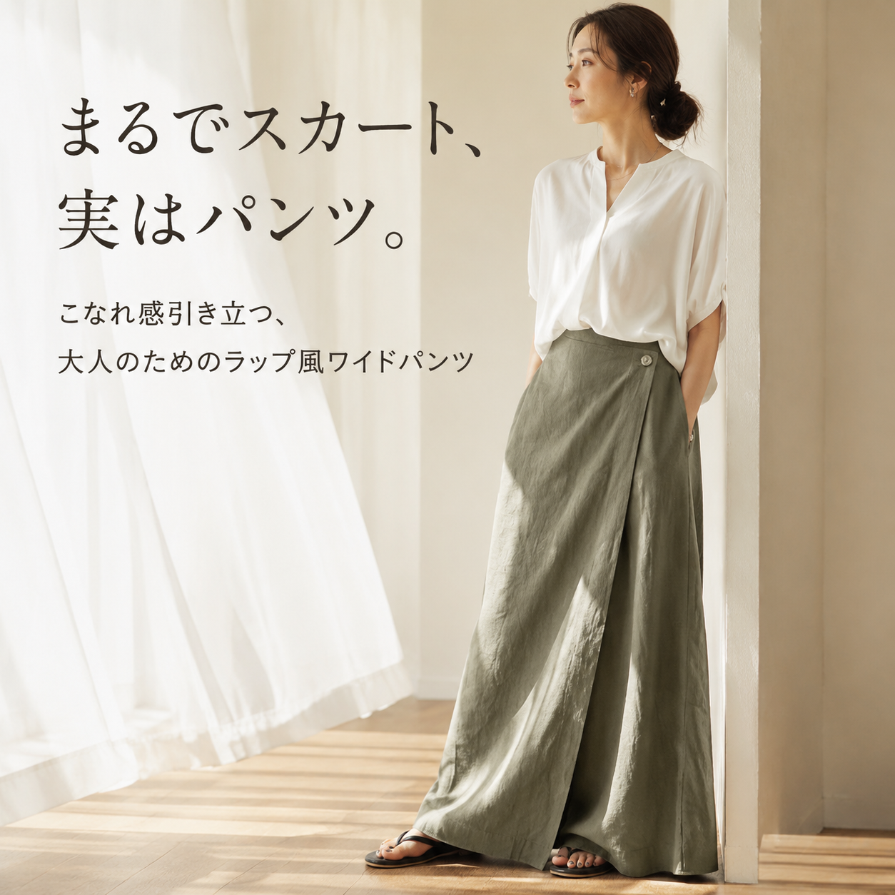 日本風英倫スタイルリネンワイド通勤スカートパンツ