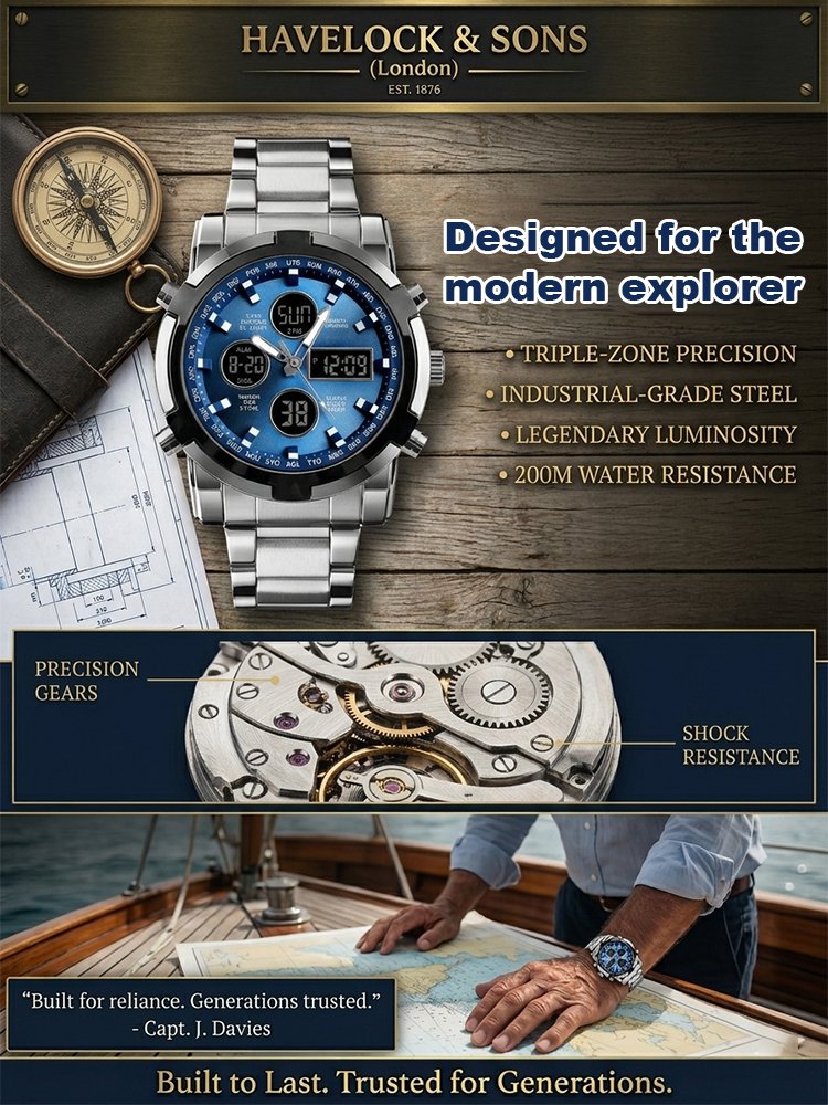 British Precision Triple Time Display Men's Watch